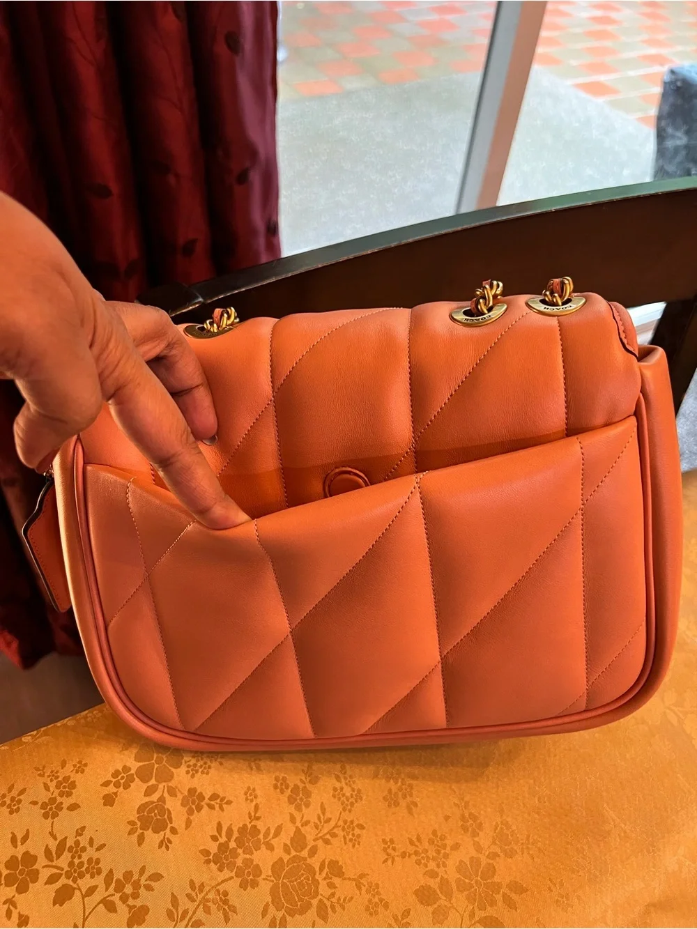 Coach Quilted Leather Shoulder Bag in Coral Orange with Gold Chain